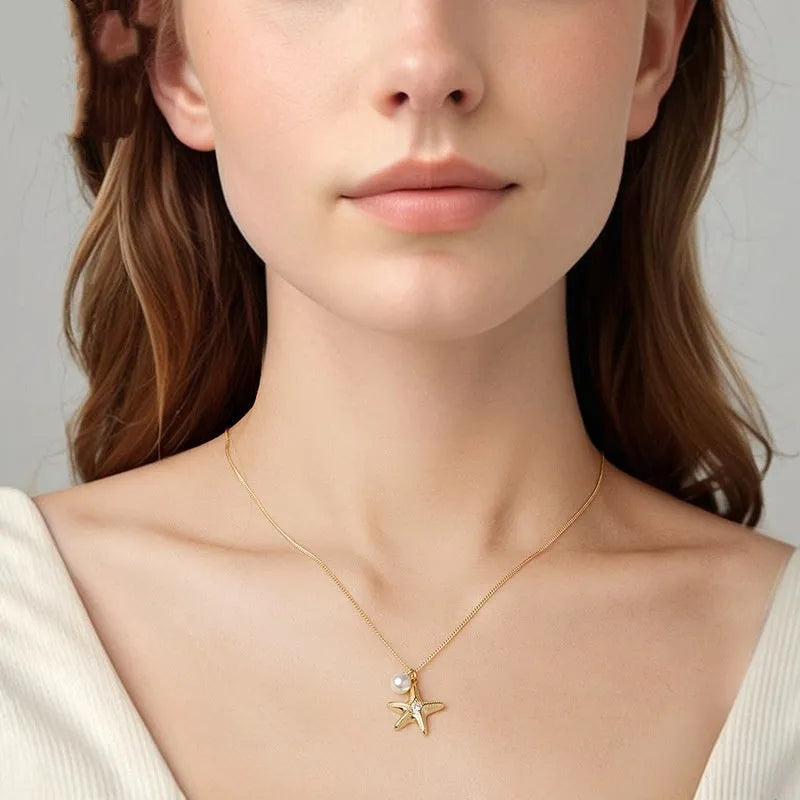 S925 sterling silver gold plated starfish and pearl pendant necklace with adjustable chain 41-50cm