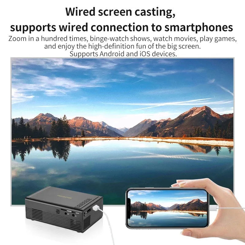 Portable mini projector in black or white colour with wired mobile phone connection and international plugs