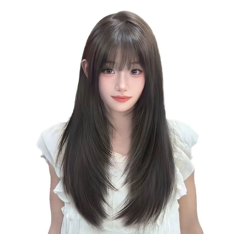 Black long straight high-layered full-head wig with built-in hair net for ladies.