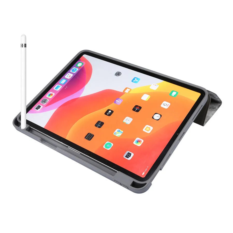 Tri-fold imitation leather iPad case in dark gray, showing pen slot and stand function.