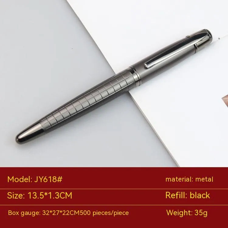 Business metal roller pen gun gray with black refill on white background, 13.5cm length