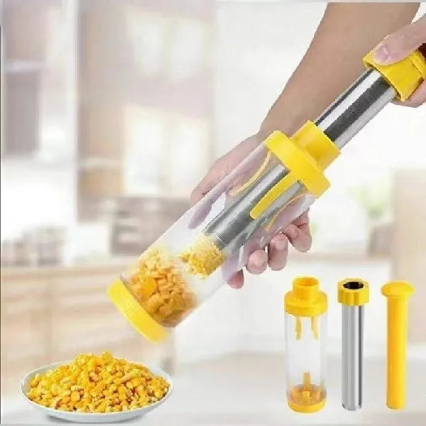 Yellow manual corn stripper with cylindrical ABS plastic body and stainless steel insert on white background