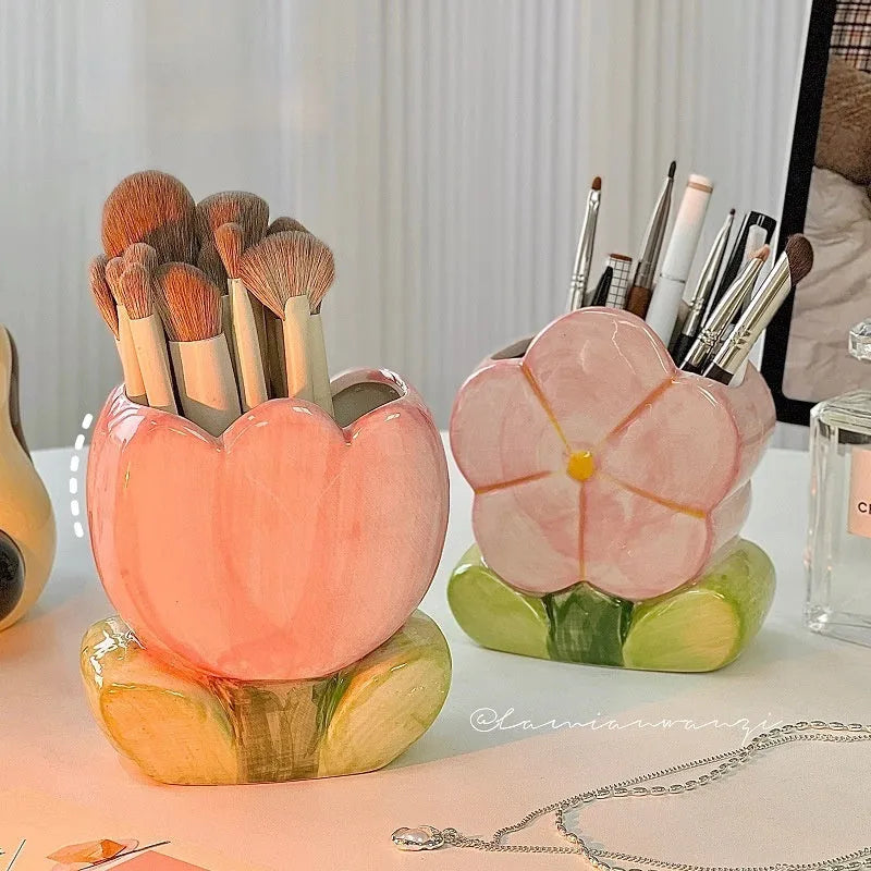 Ceramic flower pen holder storage box with decorative patterns in five colour options