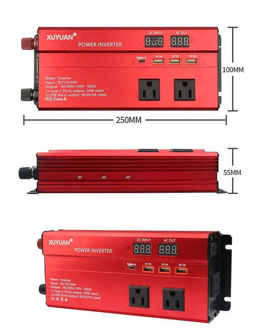 12V 24V to 110V 1200W car inverter with LED display, black, US outlet, air cooling fins visible