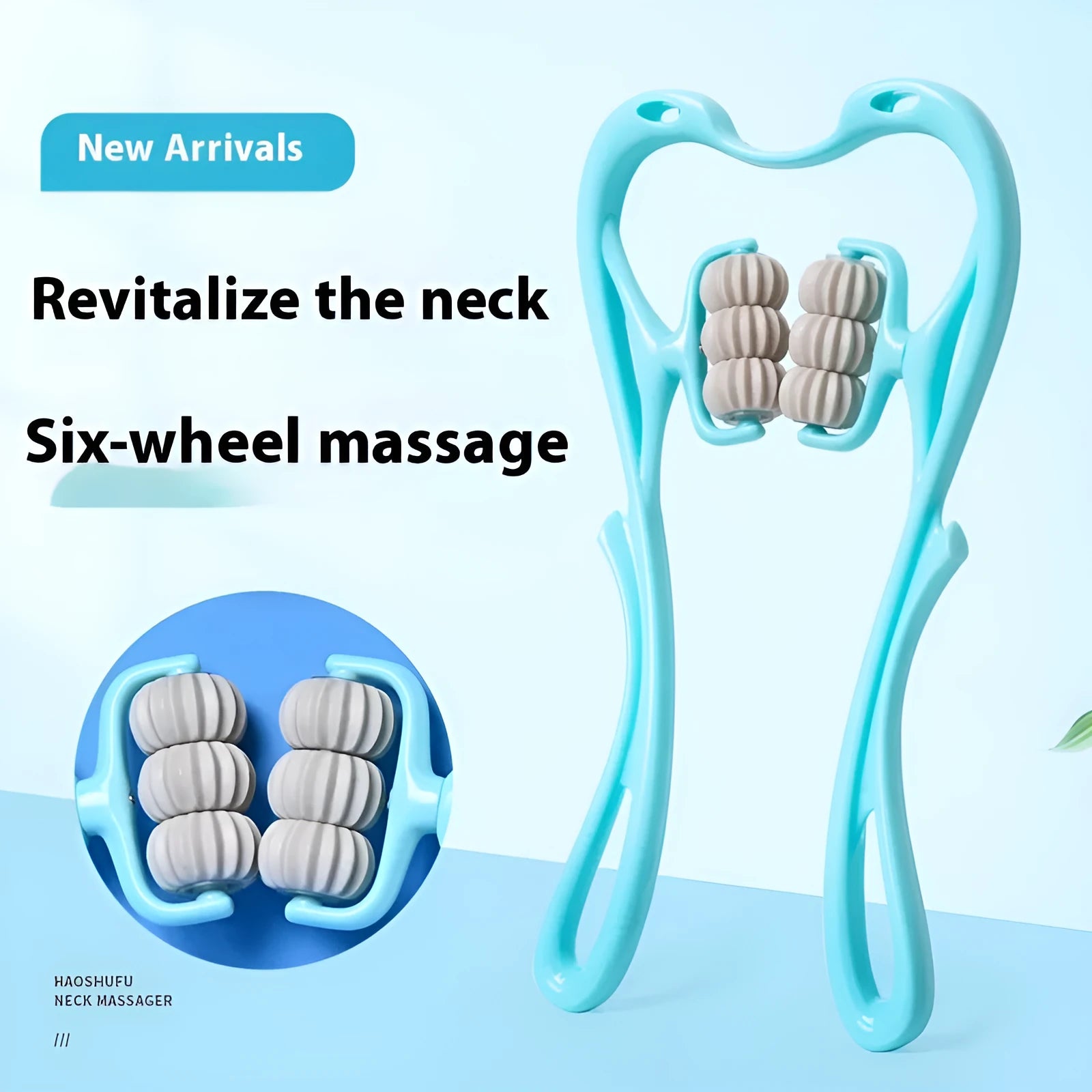 Blue plastic six-wheel handheld massager for neck, shoulder and waist