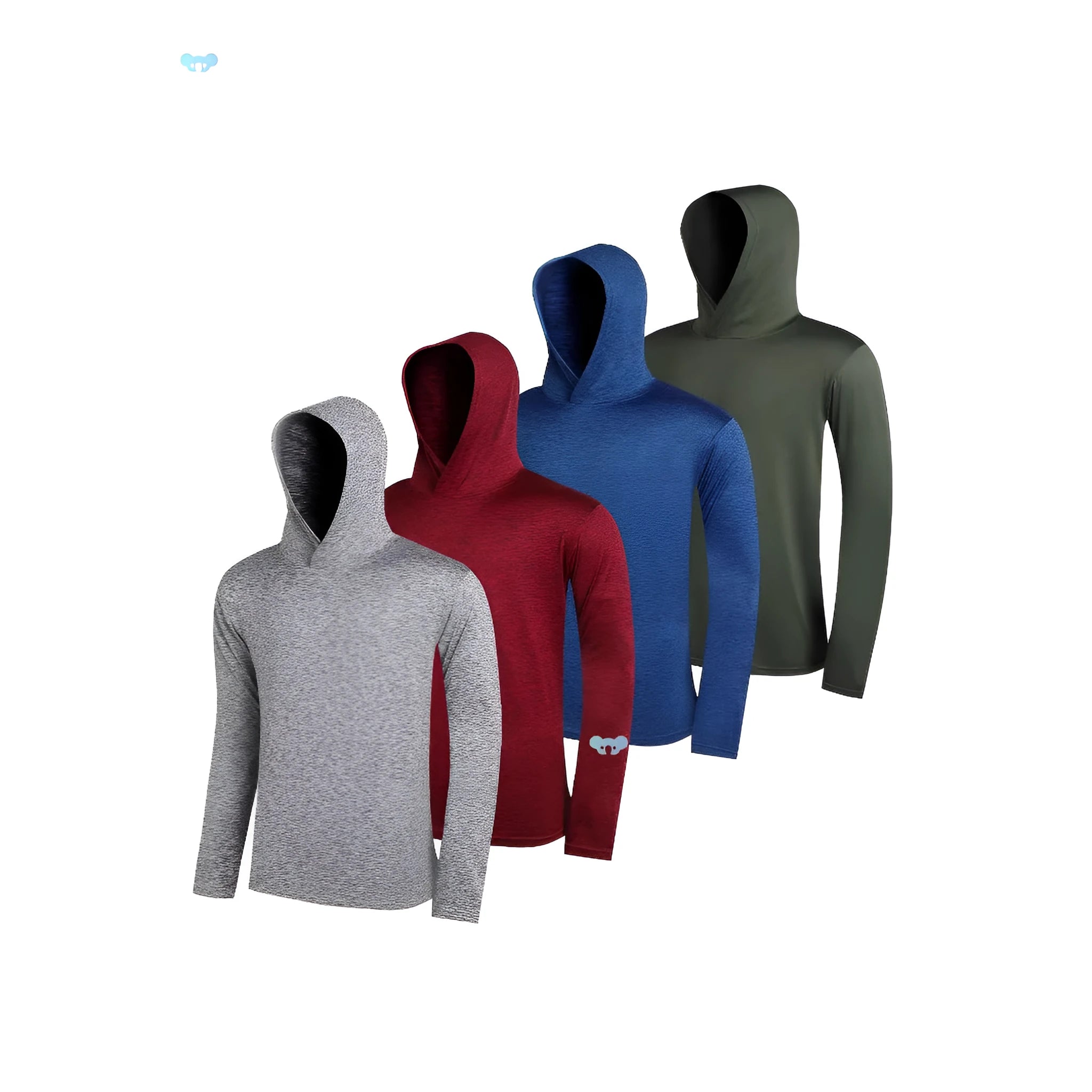 Four men's lightweight hoodies folded, showing elastic polyester fabric in a solid colour.