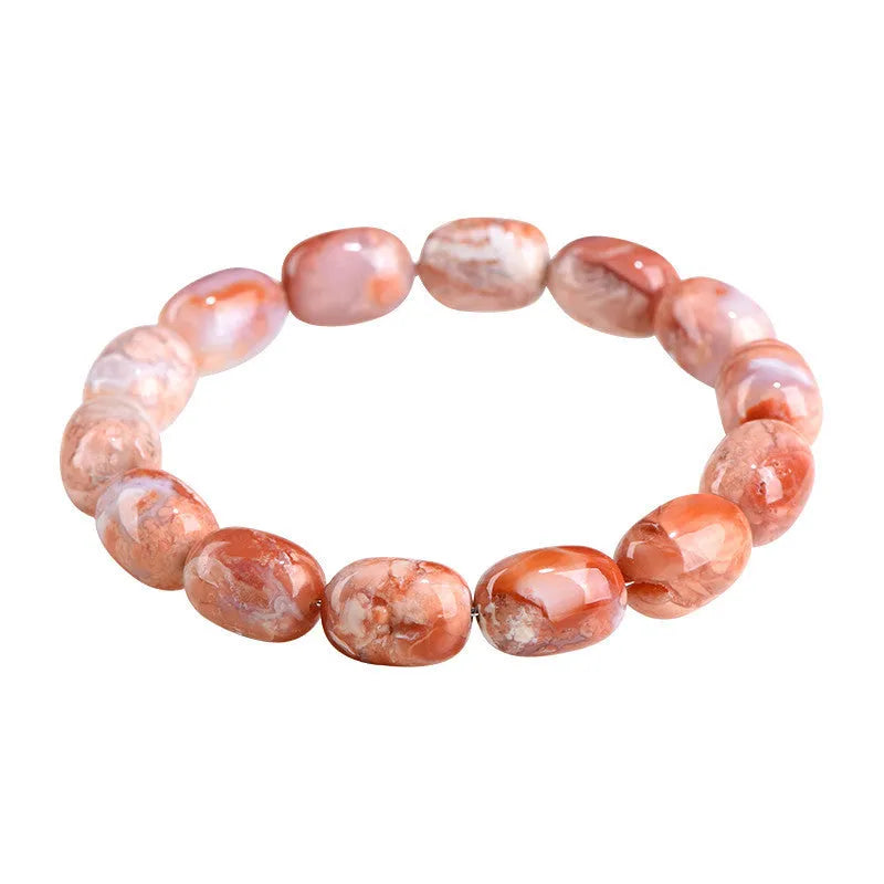 Natural cherry blossom agate barrel bead bracelet with ruyi pattern design
