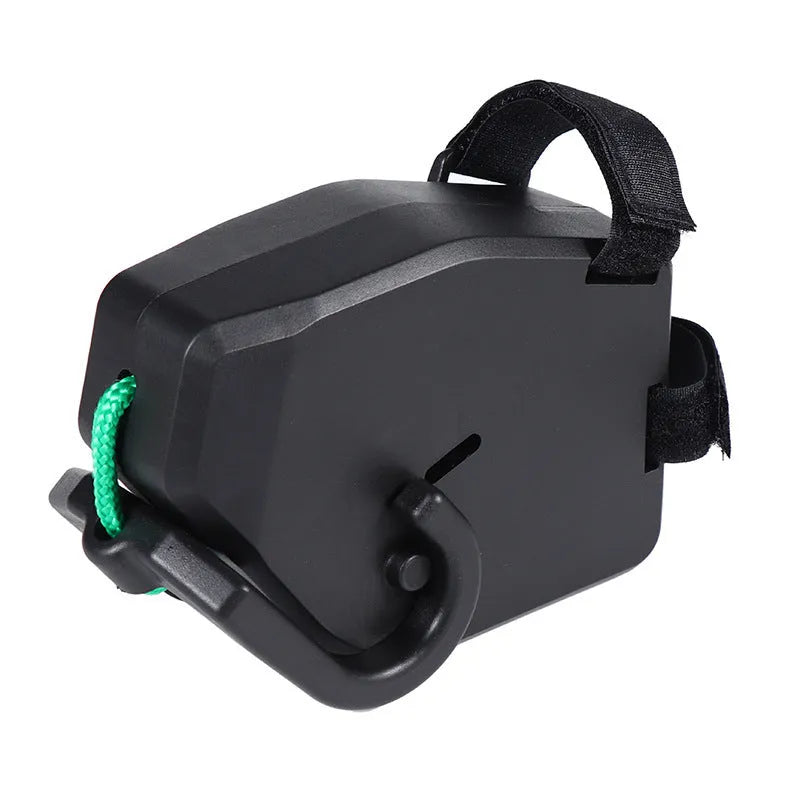 Black plastic and resin bicycle trailer towing rope for mountain bike trailer connection.