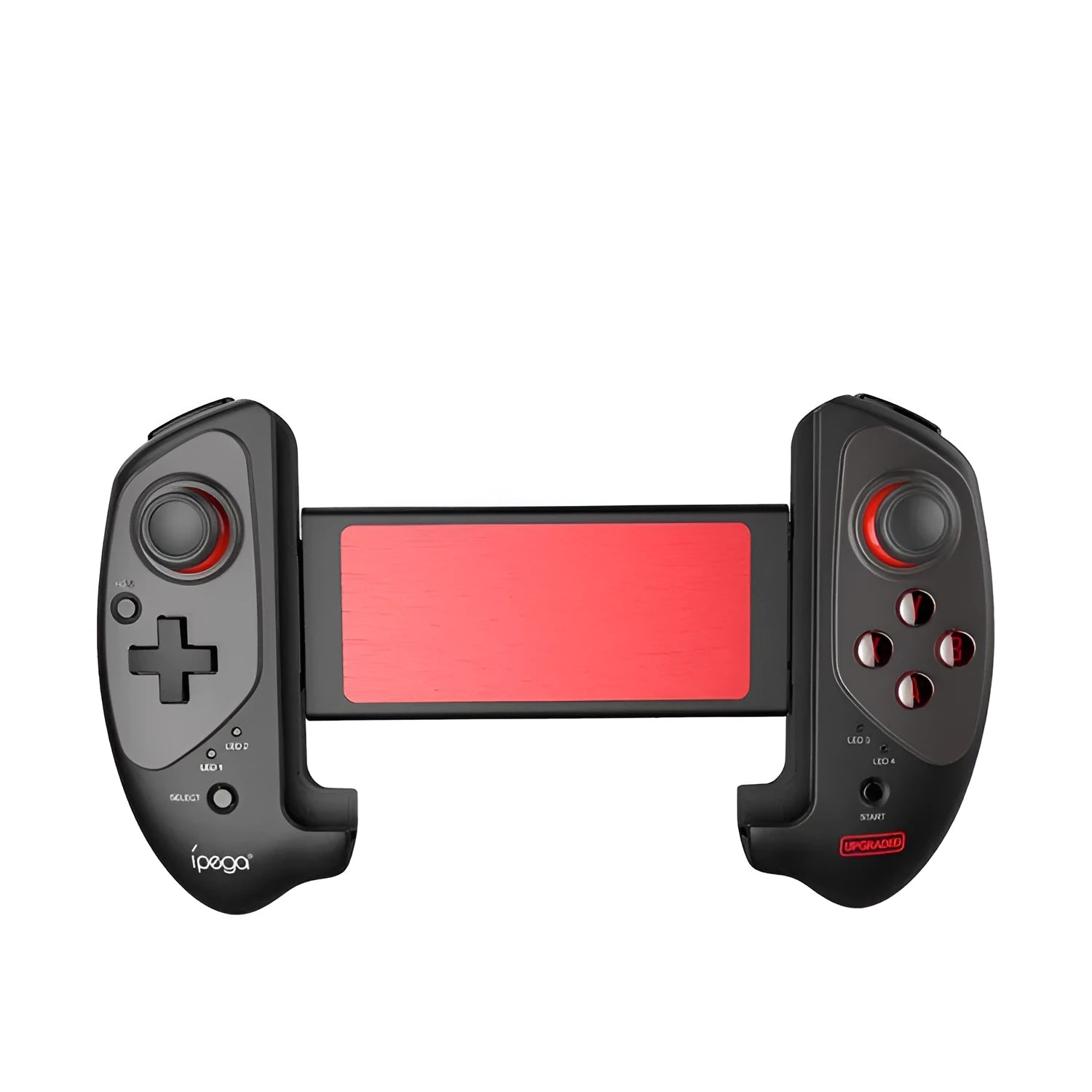 Red telescopic Bluetooth gamepad controller extended with smartphone and USB cable
