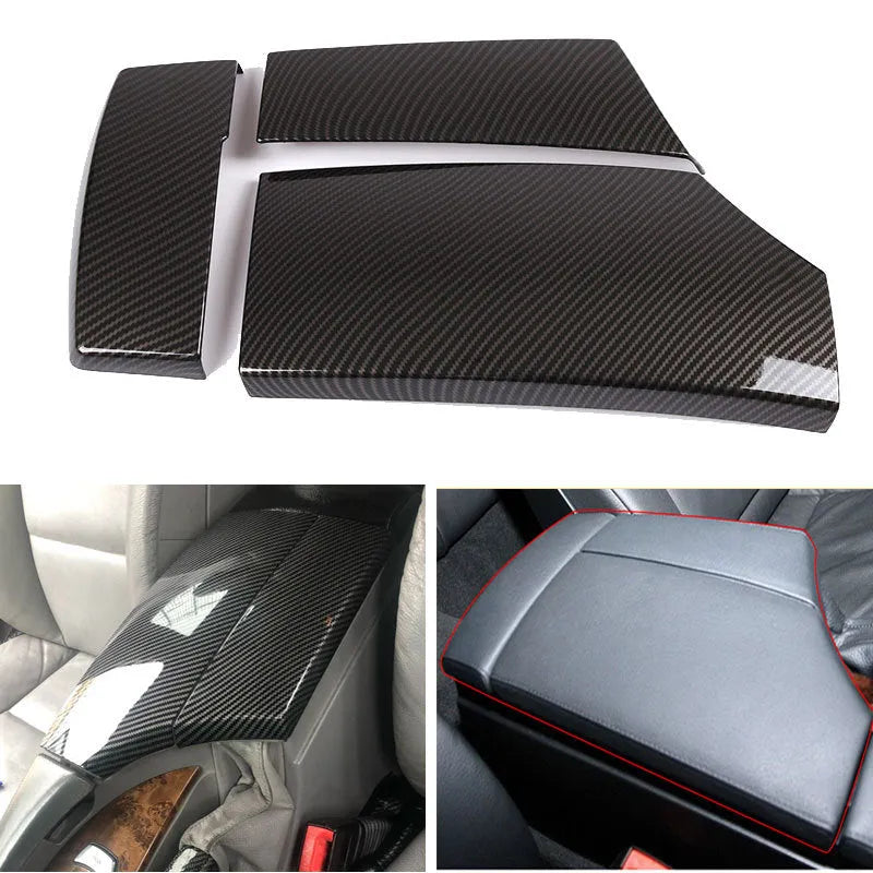 Three black ABS plastic car armrest box covers with a carbon fibre pattern and glossy finish.