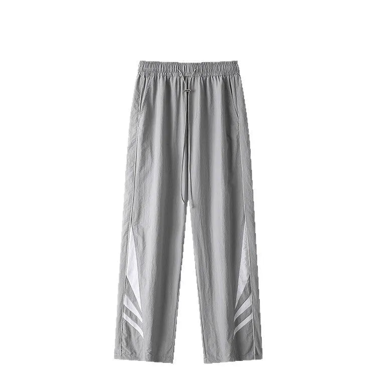 Men's straight leg casual trousers in black or grey with elastic waistband for plus size summer wear
