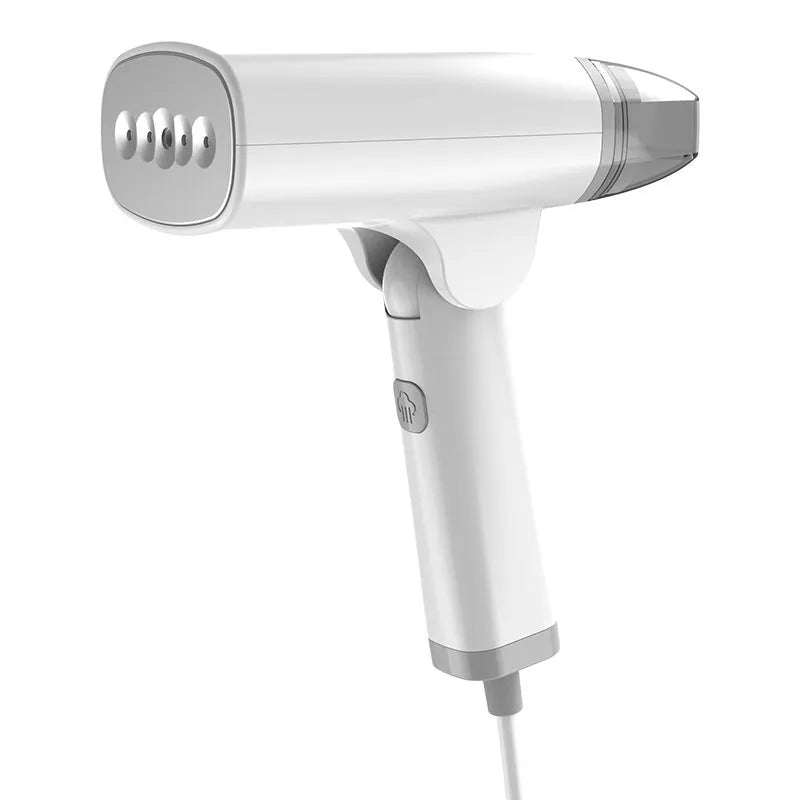 Blue handheld garment steamer with water tank and mechanical controls for ironing clothes