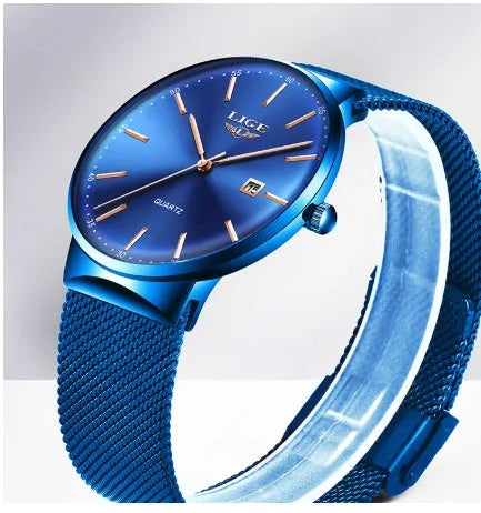 Men's stainless steel watch with 40mm case showing all black, all blue and black blue colour options