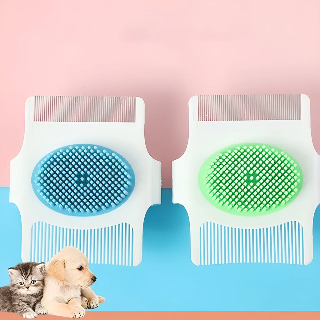 Blue multifunctional pet comb grooming tool measuring 8.5cm with floating hair removal, massage, and flea removal functions