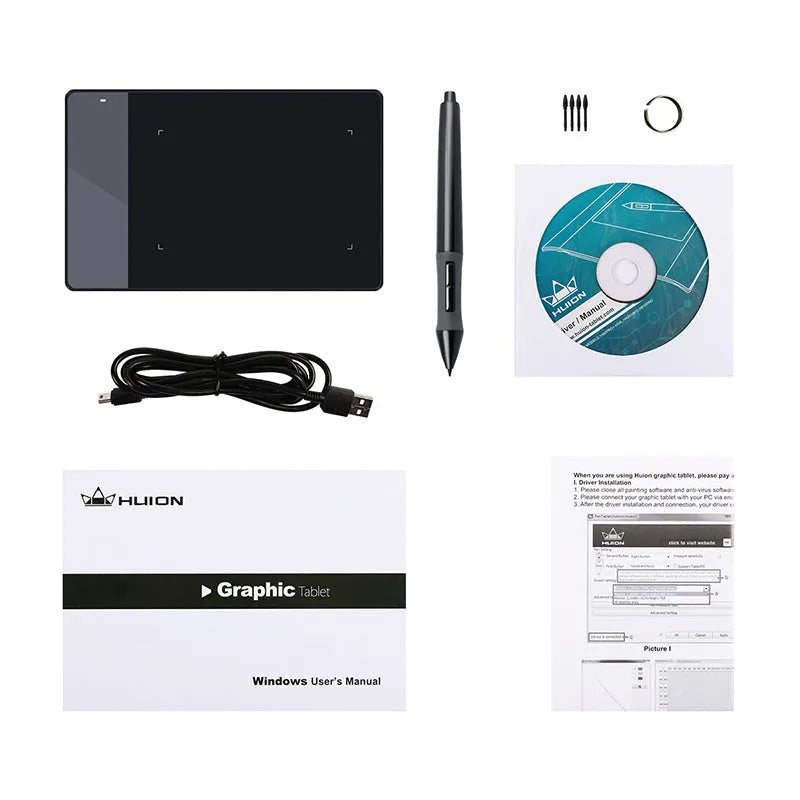 HUION 420 black electronic drawing board with 4x2.23 inch active area, 2048 pressure levels, and USB cable