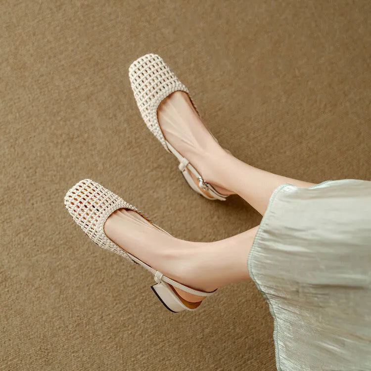 Women's beige woven sandals with square toe, chunky block heel, and adjustable ankle buckle strap.