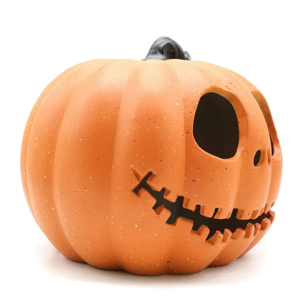 Halloween pumpkin lantern with scary hollow-out skull design in yellow resin, 23x19cm