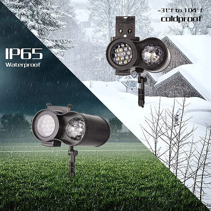 Outdoor waterproof double tube LED animated watermark light with IP65 rating, showing garden party decoration with moving water patterns