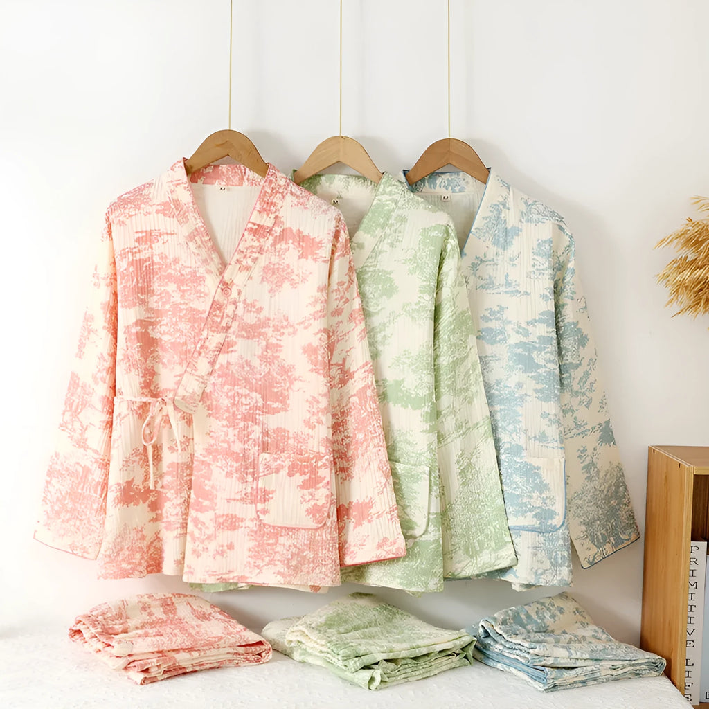 Women's pure cotton gauze loungewear suit in frosted pine trees pattern with long sleeves and trousers