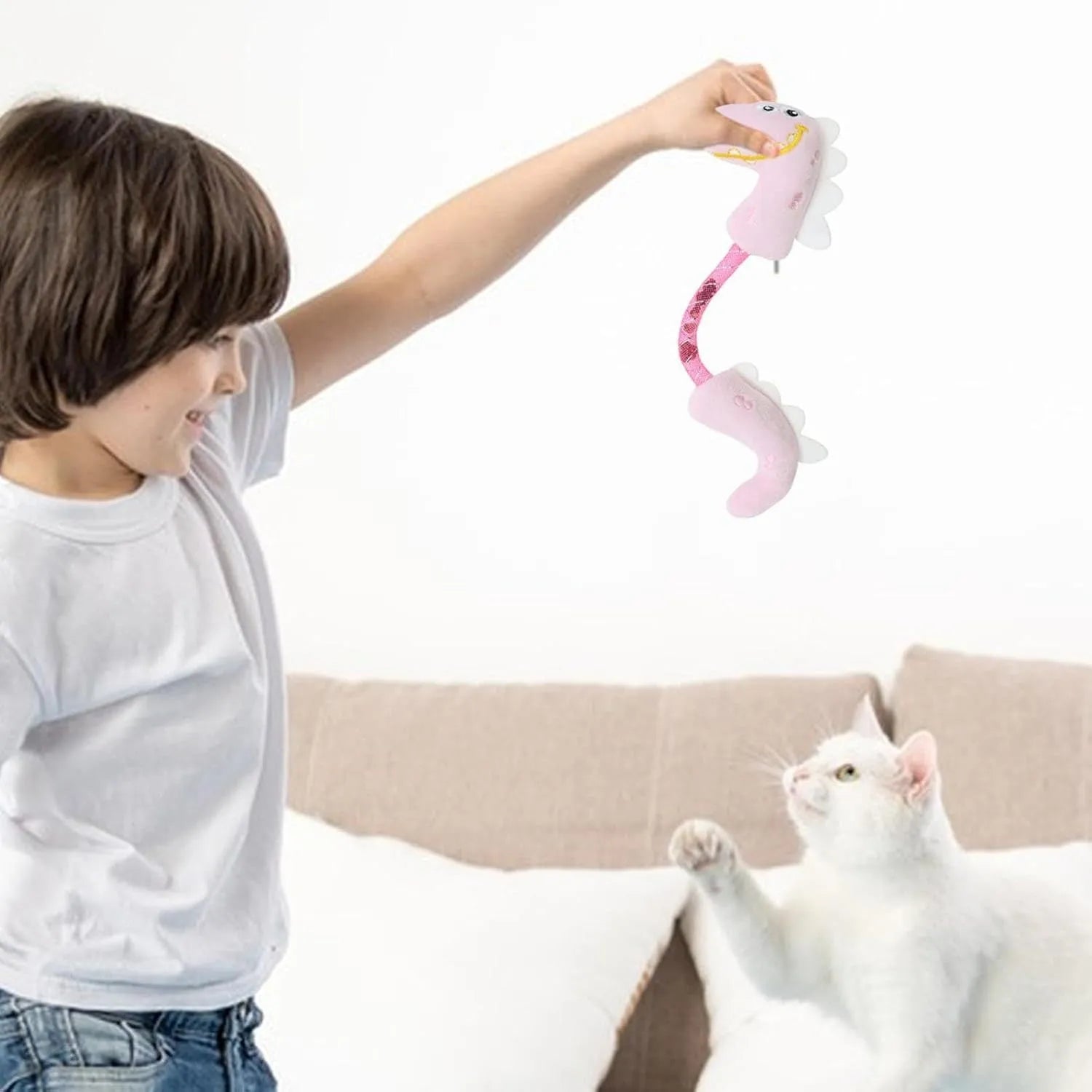 Set of four cat toys: catnip rope toys, springs, plush fish, mouse, and bunny designs in pink, purple, yellow