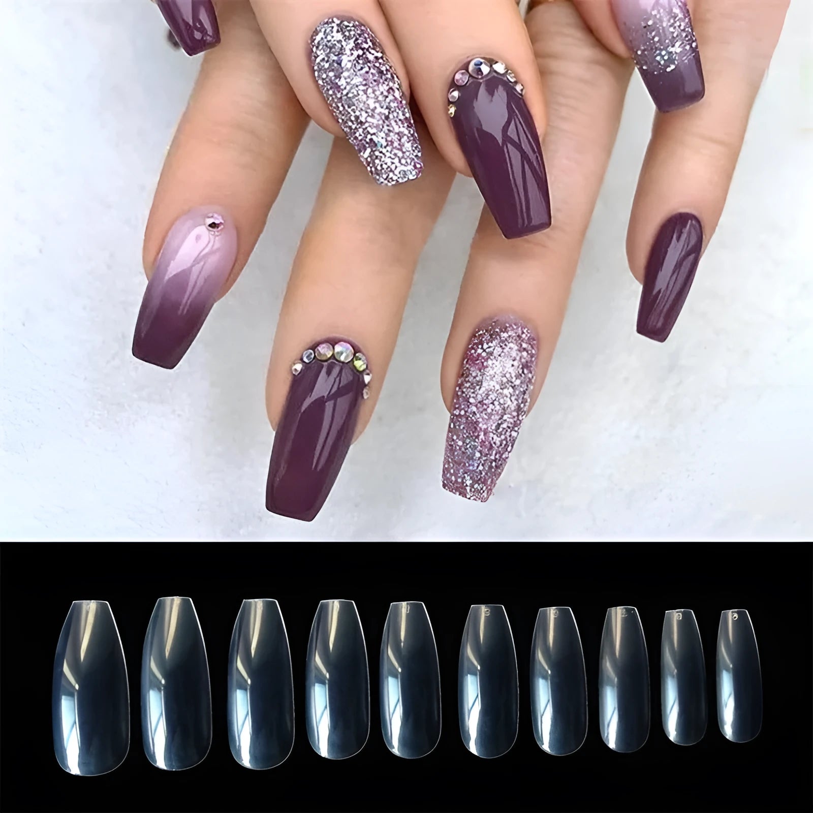 Clear natural French tip false nails in 10 different sizes, 500-piece pack with ABS material