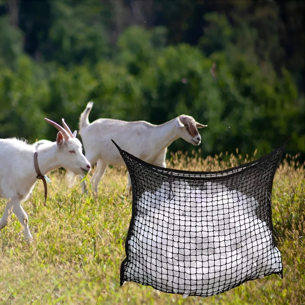 Black woven PE rope hanging feeding bag with grid mesh, sized for a horse.