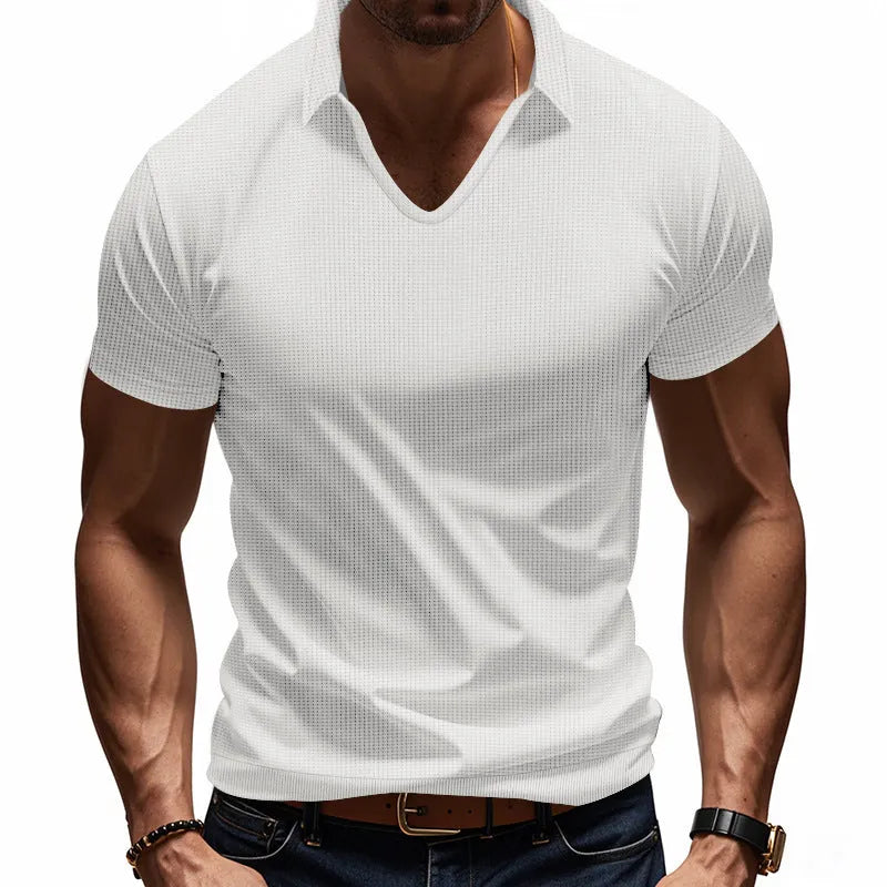 Men's light grey V-neck short sleeve t-shirt with loose fit casual design