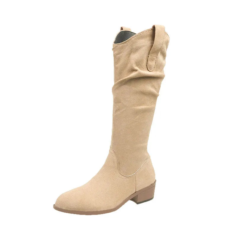 Chunky heel suede riding boots, block heel, round toe, available in cloth khaki leather black and leather brown