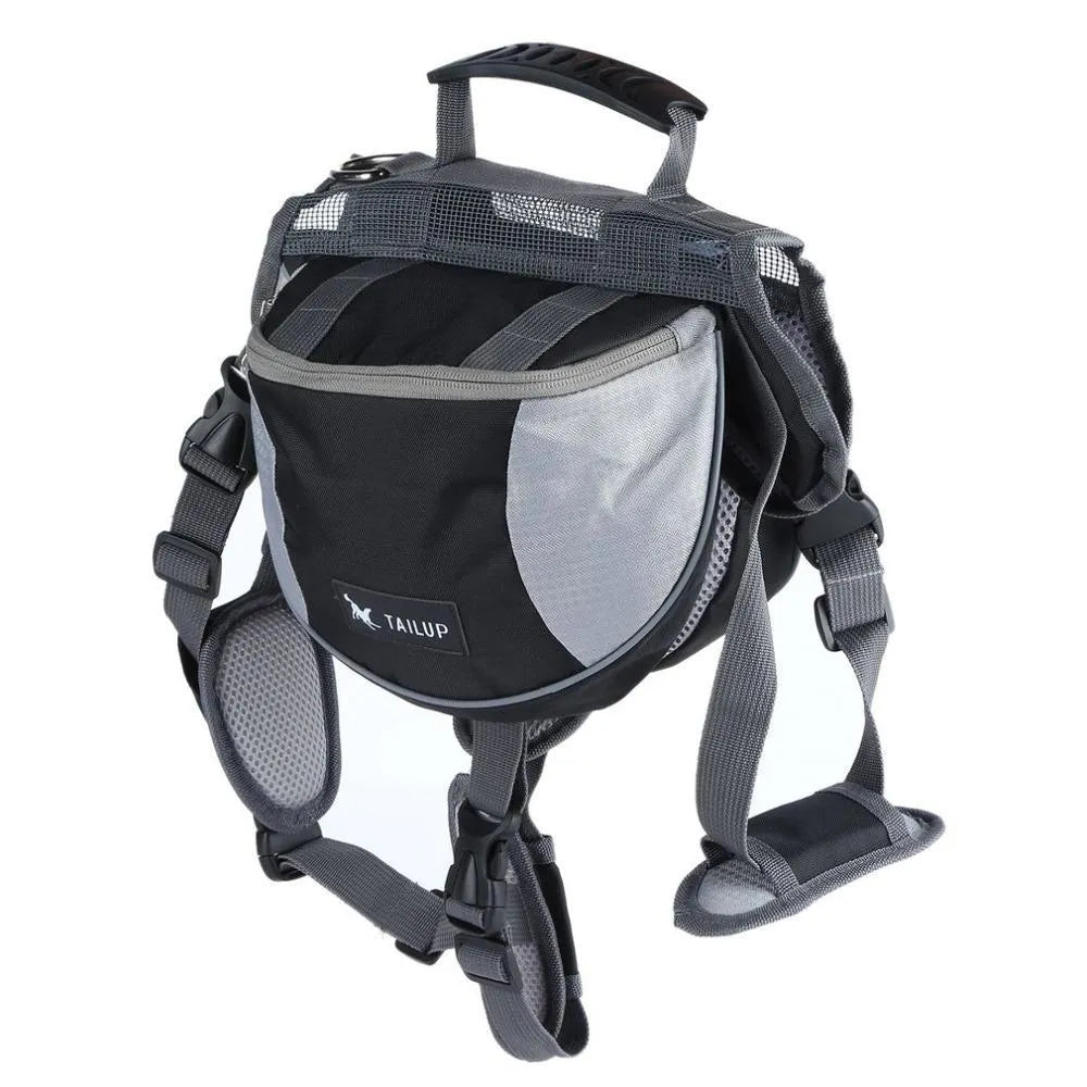 Black dog hiking pack with reflective tape and adjustable neck straps on Siberian Husky outdoors