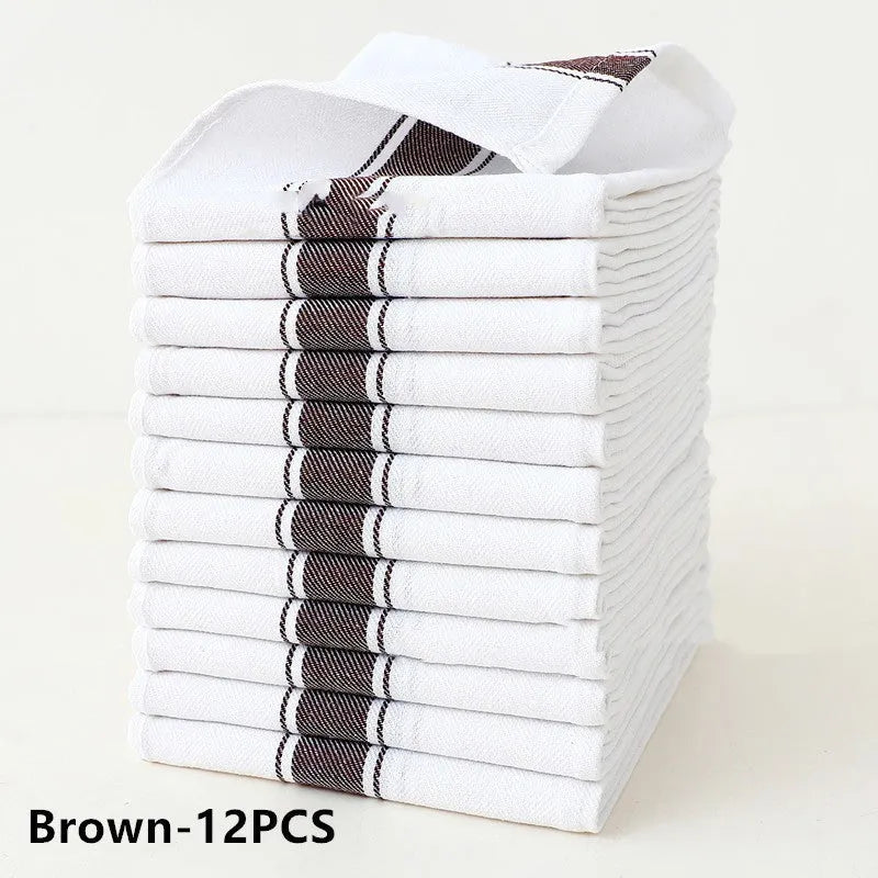 Pack of 12 striped cotton dish towels in assorted colours, showing dimensions of 48cm by 70cm.