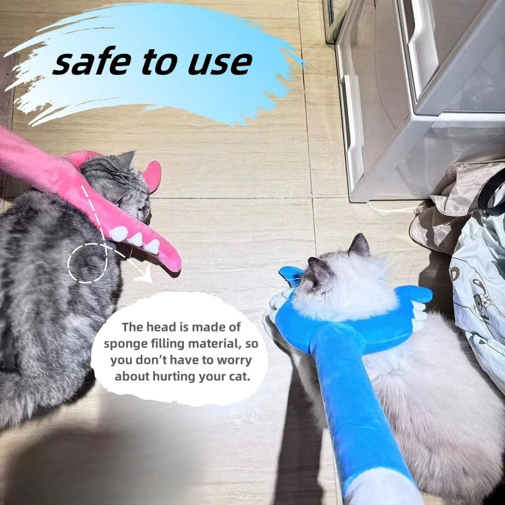 Blue and pink plush cat wand toy with foam-filled head measuring 70cm long