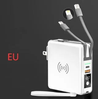 Black and white 10000mAh power bank with wireless charging surface and foldable plug