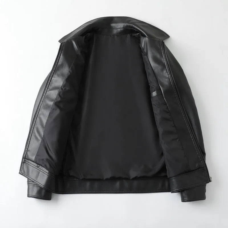 Men's black PU leather casual jacket with zip pockets and a loose fit on a hanger.