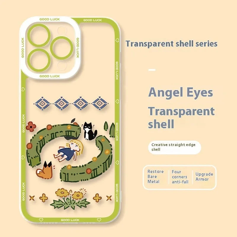 Drop-resistant silicone cat phone case with UV printed cartoon design for Apple iPhone transparent back