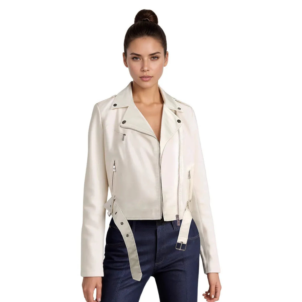 Women's black PU leather motorcycle jacket with lapel collar and waist belt on hanger.