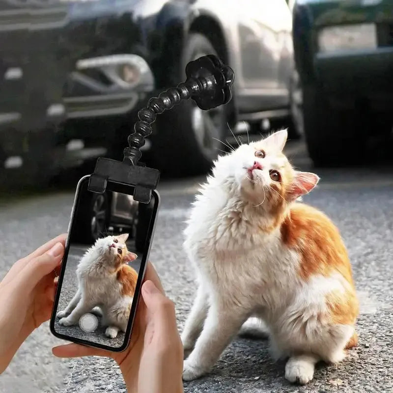 Pet photography selfie stick with clip for snacks in black plastic, showing phone holder and rotatable head