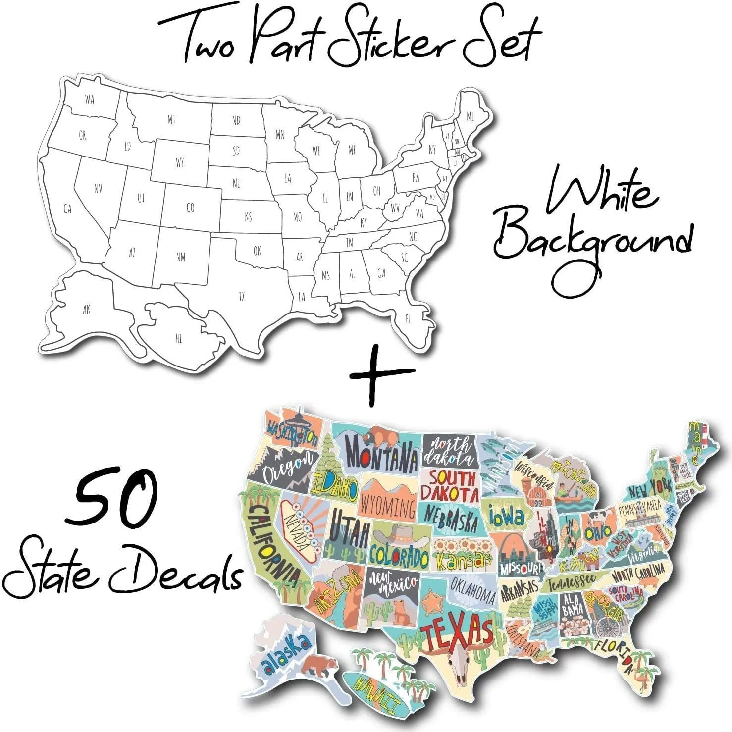 Travel sticker set with world map and alphabet letters for car body decoration in two style variations