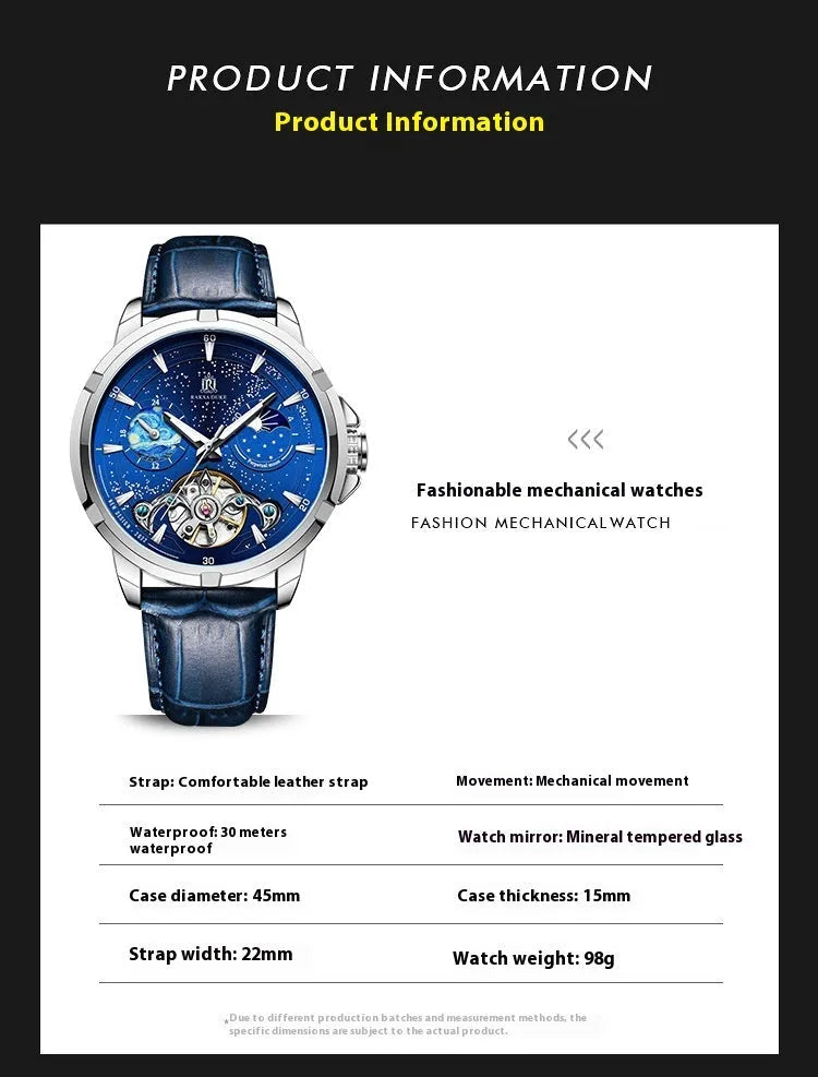 Men's blue dial automatic mechanical watch with stainless steel case and date window