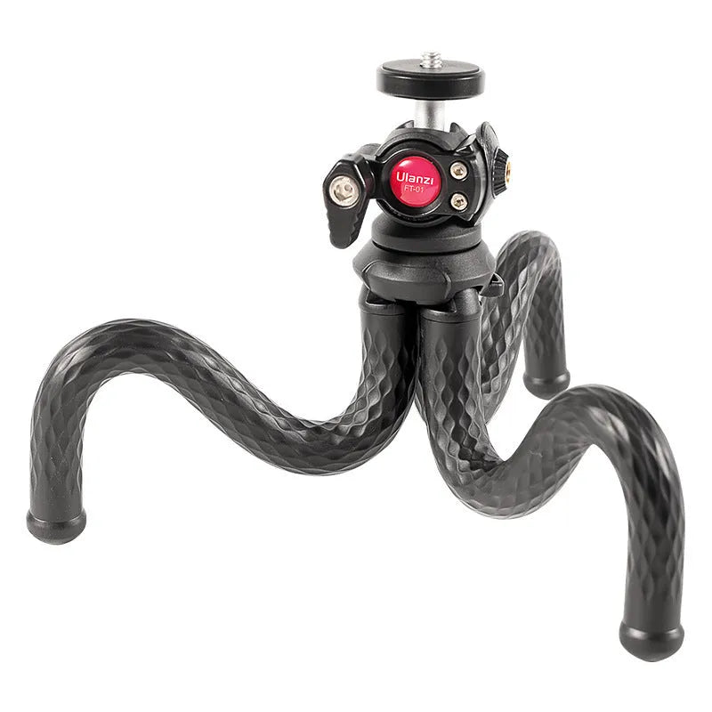 Black octopus-style flexible phone tripod with mobile clip on aluminium stand