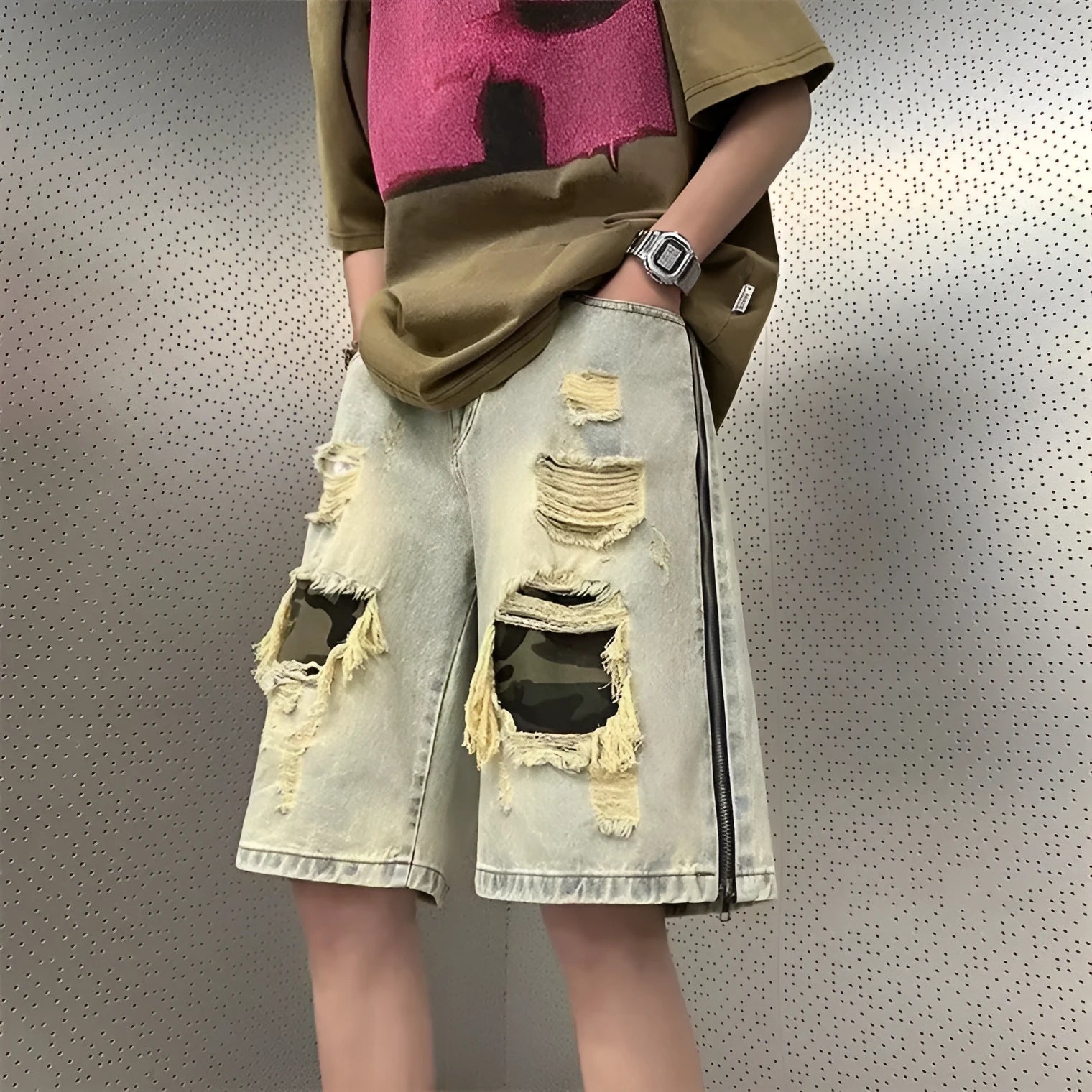 Men's summer ripped camouflage denim shorts in yellow mud cotton straight-leg fifth pants