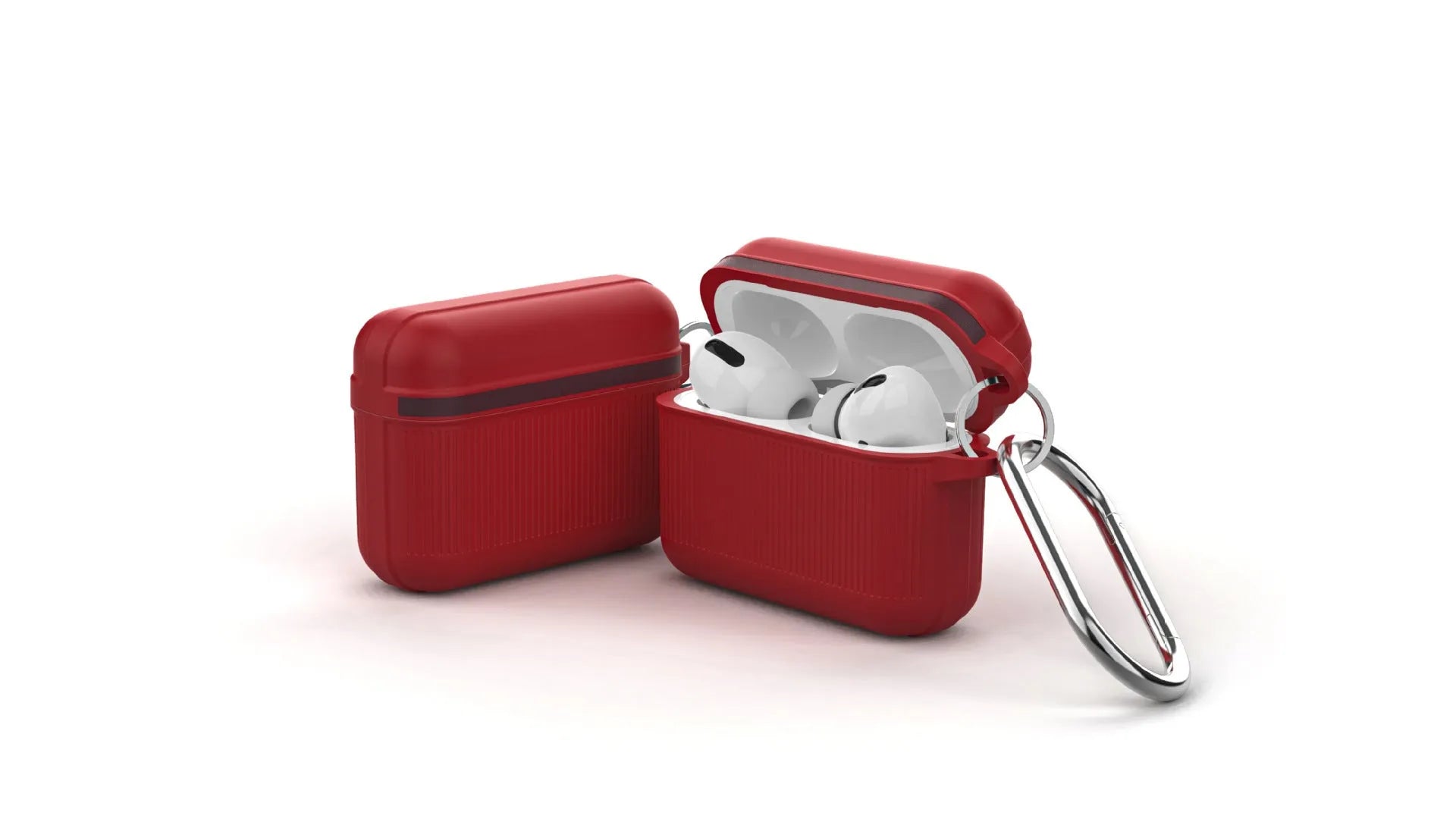 Silicone clamshell protective case for Apple AirPods with a metal buckle closure in six colour options.