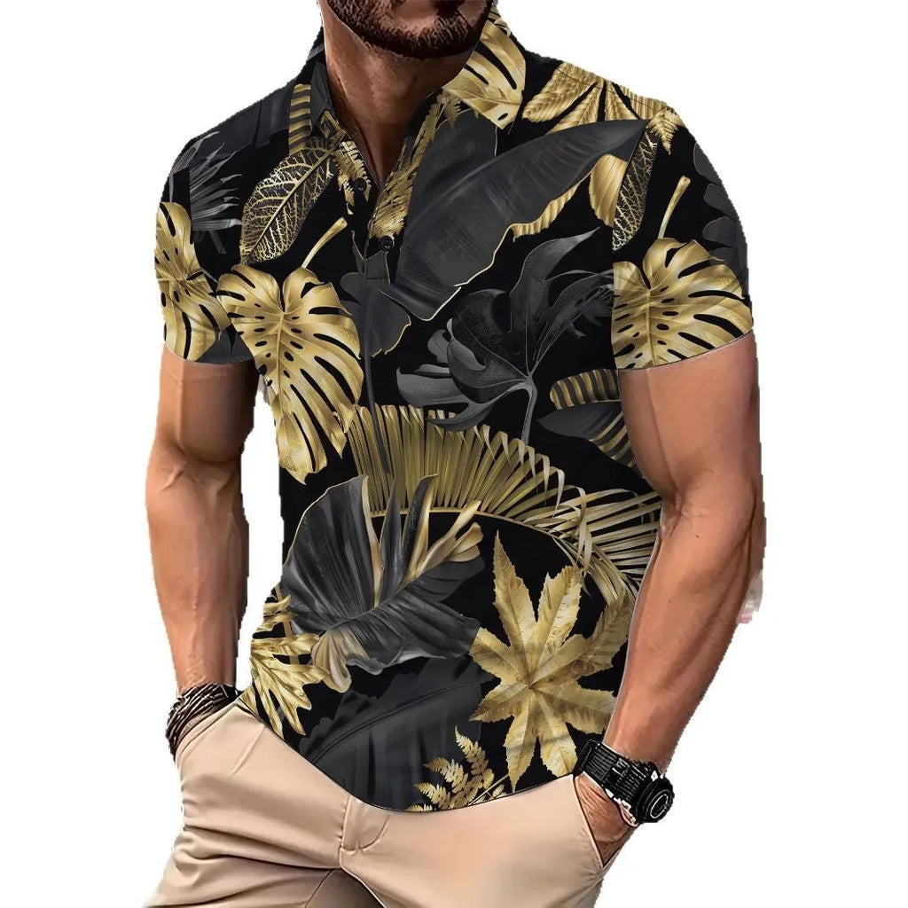 Men's gold tropical plant pattern short sleeve polyester shirt, front view, summer casual top
