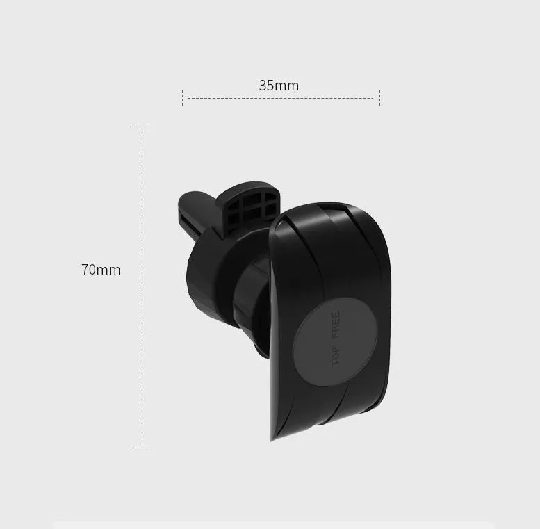 Black car air vent phone holder with magnetic smartphone attachment mounted on vehicle ventilation outlet