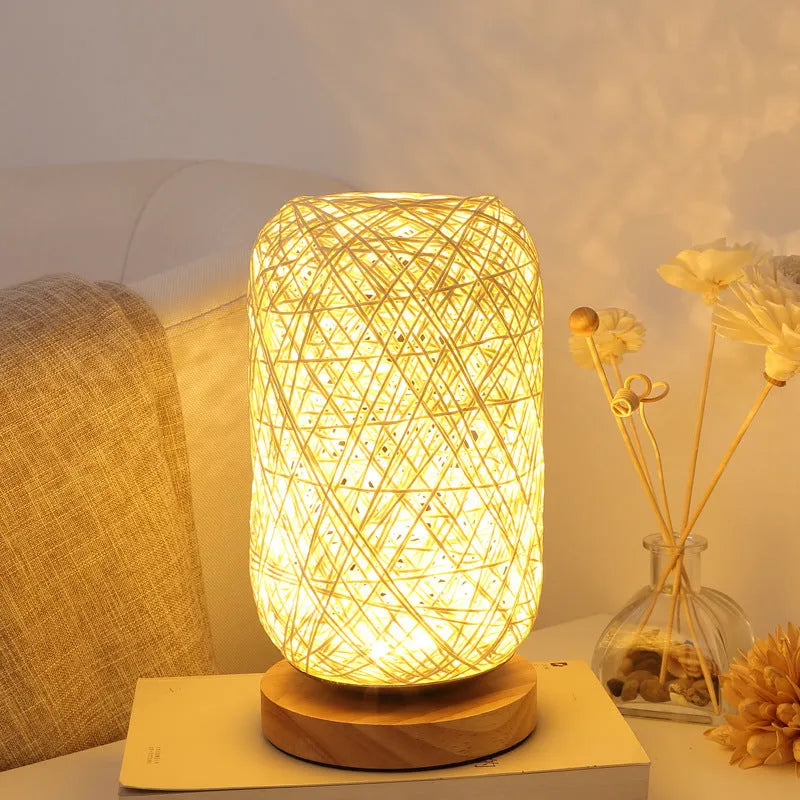 Natural hemp twine Sepak Takraw desk lamp with solid wood base in brown colour
