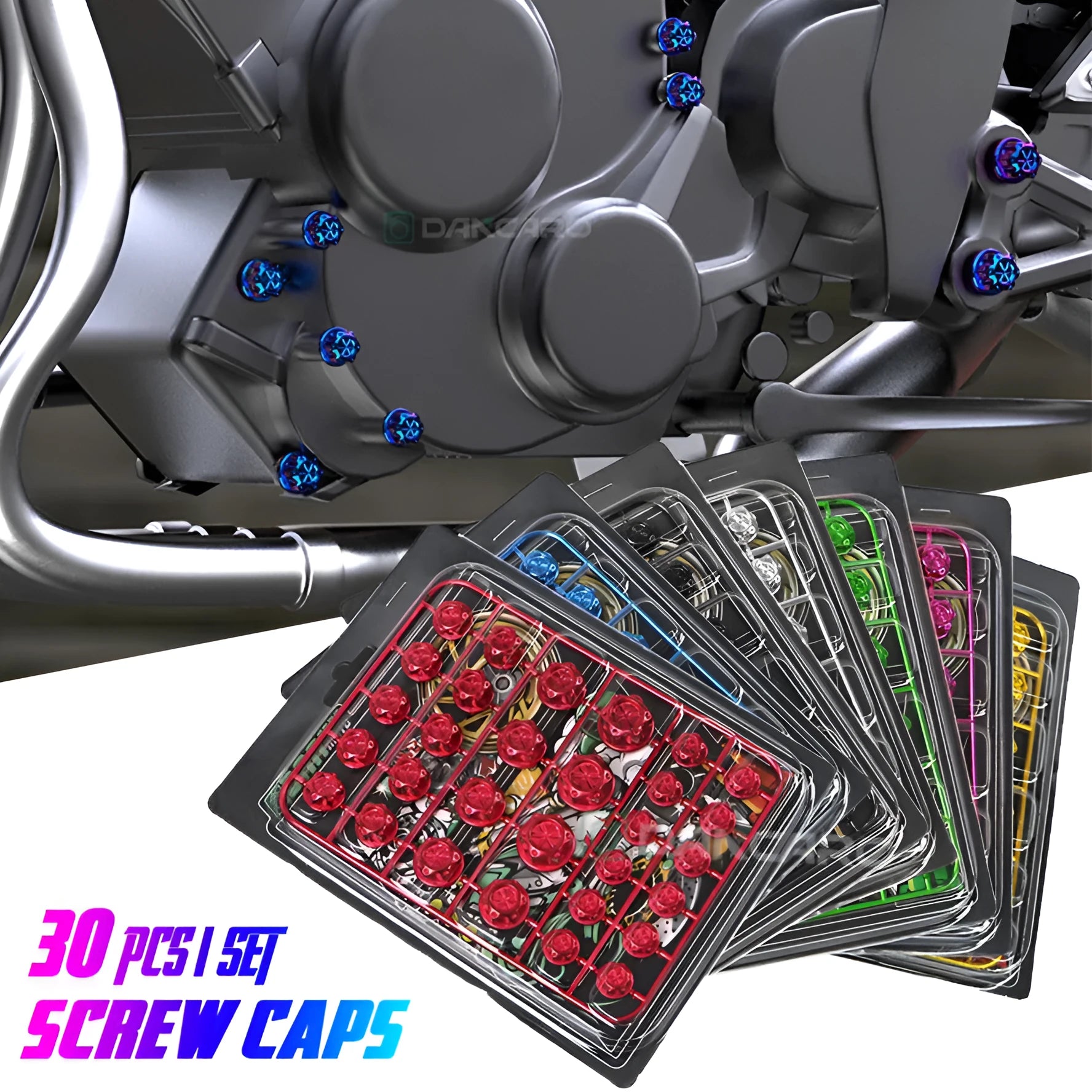 Set of 30 coloured ABS plastic motorcycle screw caps for engine modification.