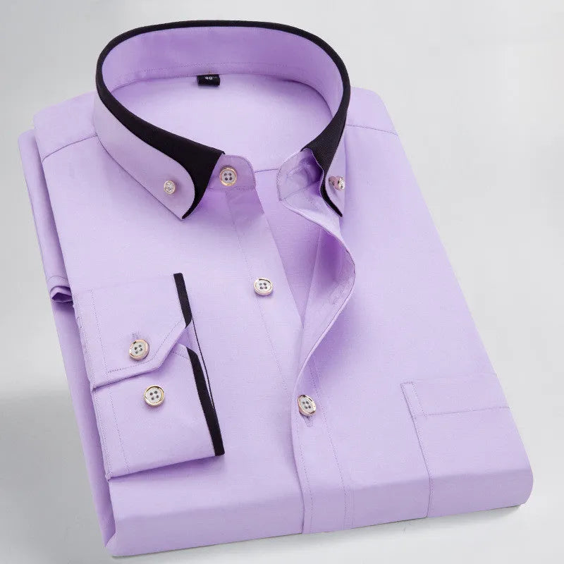 Men's stretch shirt in polyester fibre, available in wine red and multiple colours, sizes 38-44, with detailed fit guide