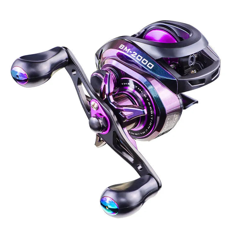 BM2000 water drop shaped spincast fishing reel with magnetic brake, shown in left and right hand versions.