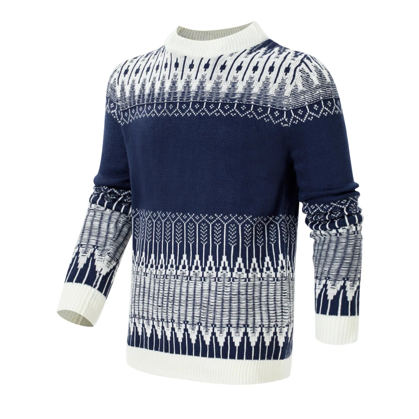 Men's grey knitted long-sleeve pullover sweater for winter, shown on a model.