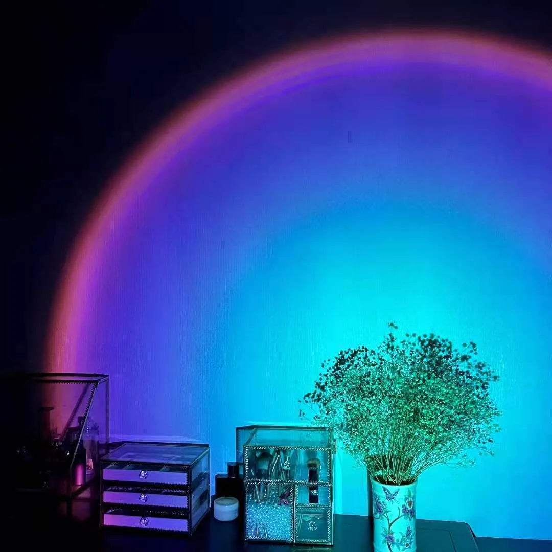 USB rechargeable sunset projection lamp showing rainbow light projection in sunset red colour