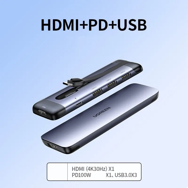 USB-C dock expansion adapter showing HDMI, USB 3.0, and charging ports with included connecting cables